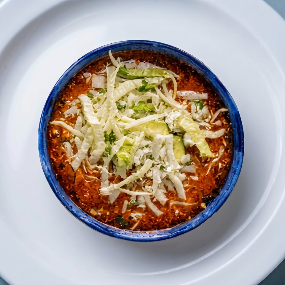 Overhead view of a blue bowl filled with red soup, topped with shredded cabbage and avocado.
