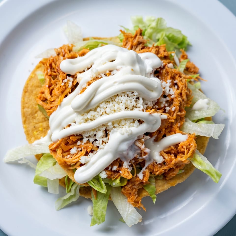A chicken tostada with shredded lettuce, crumbled cheese, and crema on a white plate.