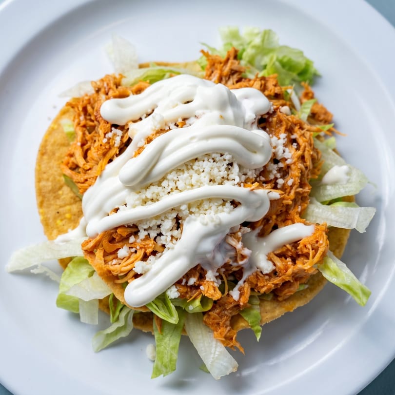 A chicken tostada with shredded lettuce, crumbled cheese, and crema on a white plate.