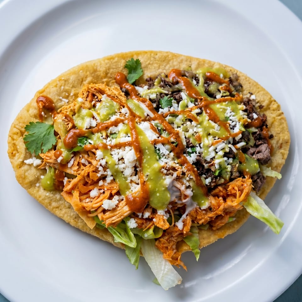 A large, crispy corn tortilla topped with shredded chicken, beef, lettuce, cheese, and two sauces.