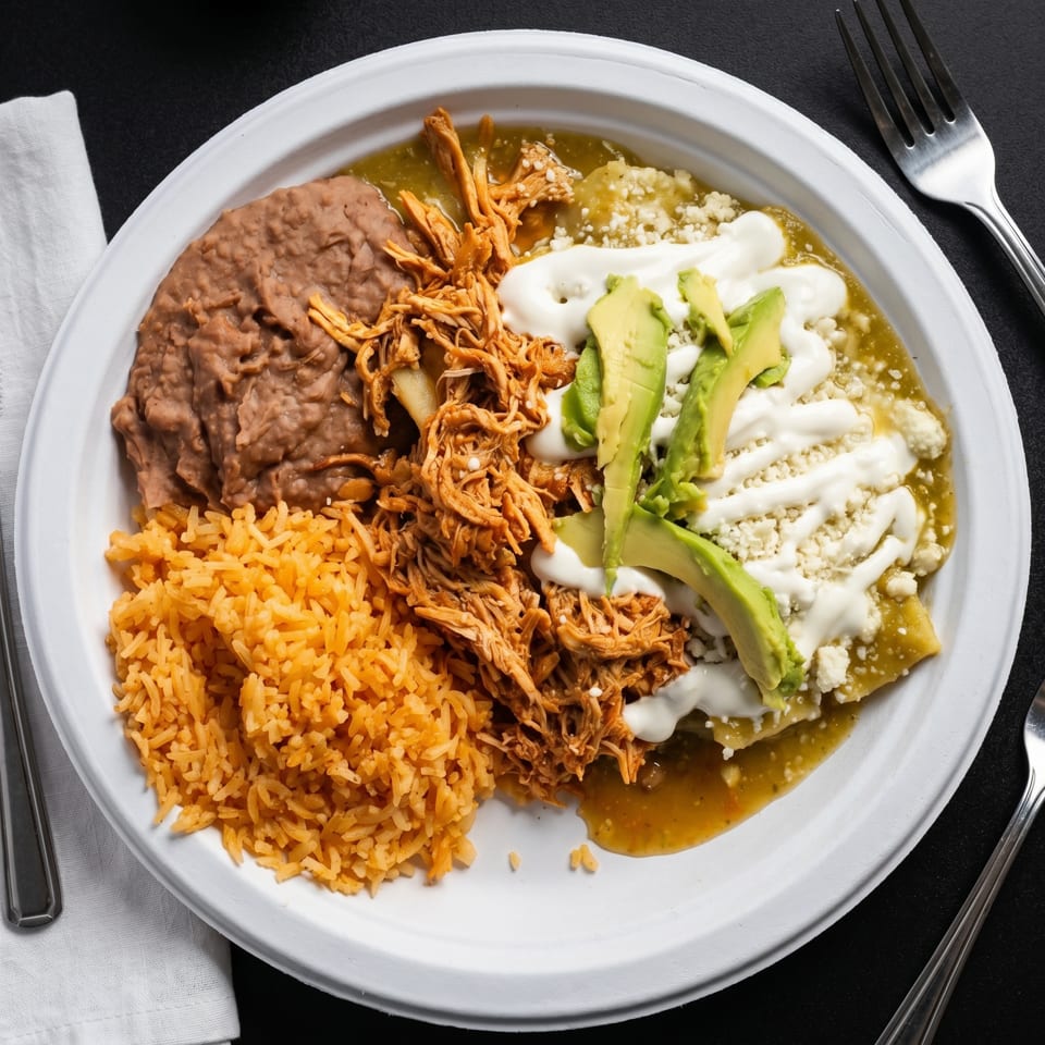 A white plate with enchiladas verdes, shredded chicken, refried beans, and orange rice.