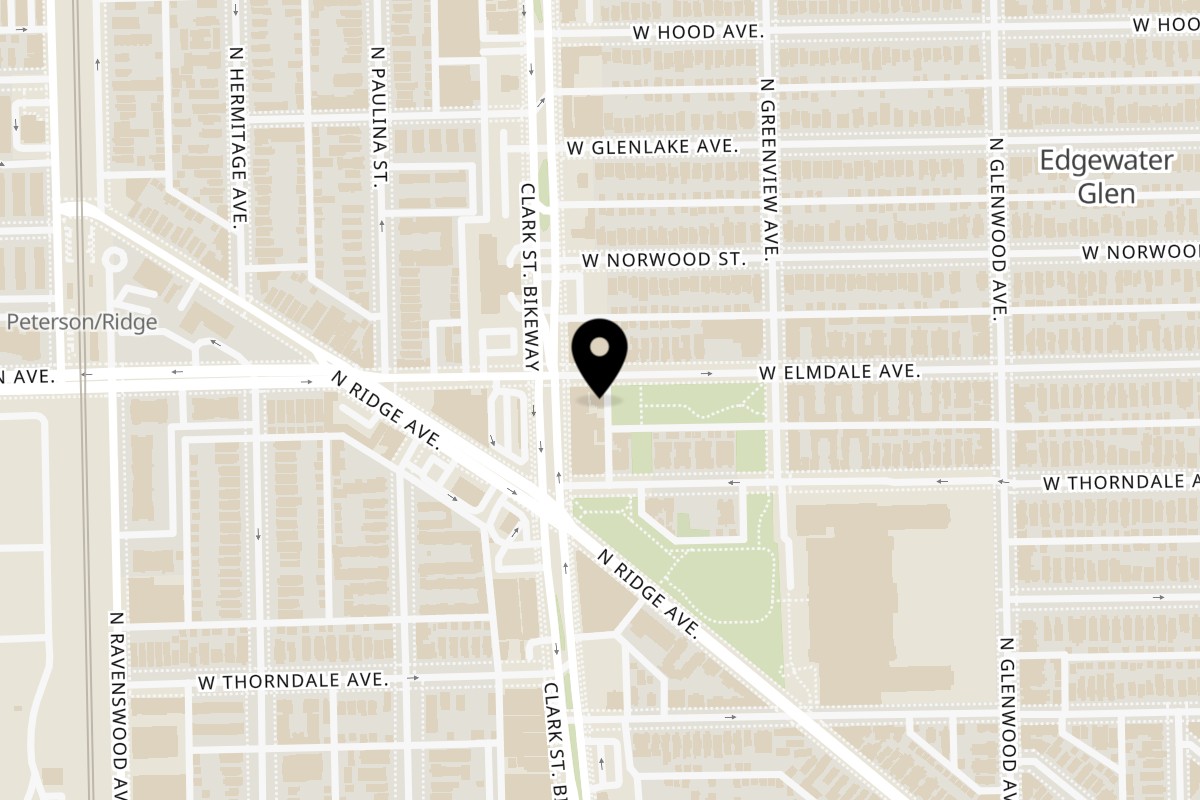 Map showing the location of Huaraches Doña Chio on 1547 W Elmdale Ave in Chicago